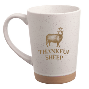 THANKFUL SHEEP SPECKLED CLAY MUG MY CUP RUNNETH OVER...