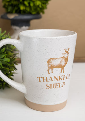 THANKFUL SHEEP SPECKLED CLAY MUG MY CUP RUNNETH OVER...