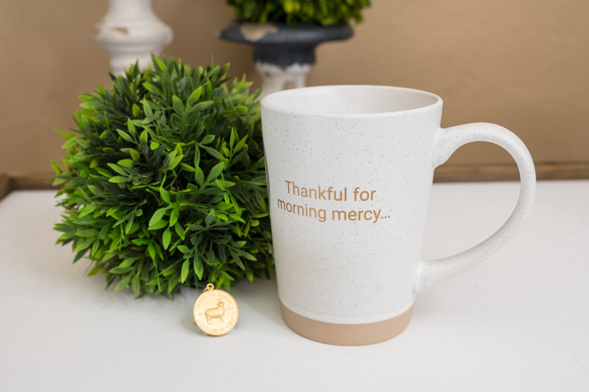 THANKFUL SHEEP SPECKLED CLAY MUG THANKFUL FOR MORNING MERCY...