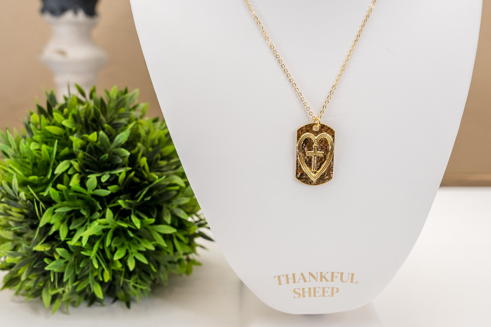 THANKFUL SHEEP CROSS IN HEART ON HAMMERED TAG NECKLACE