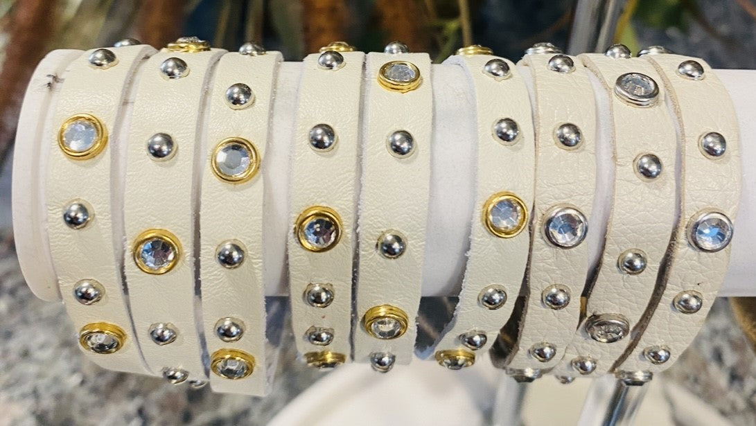 Leather 3 Strand Bracelet  With Clear Stones