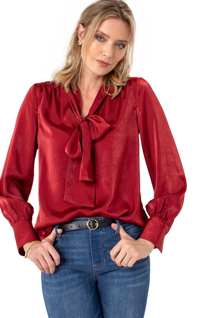V-NECK LONG SLEEVE BLOUSE WITH NECK TIES